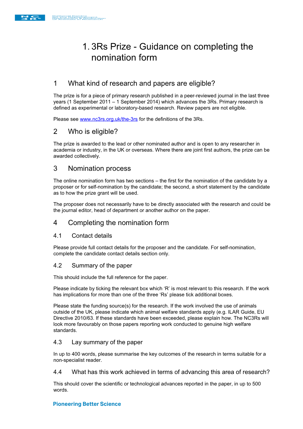 3Rs Prize - Guidance on Completing the Nomination Form