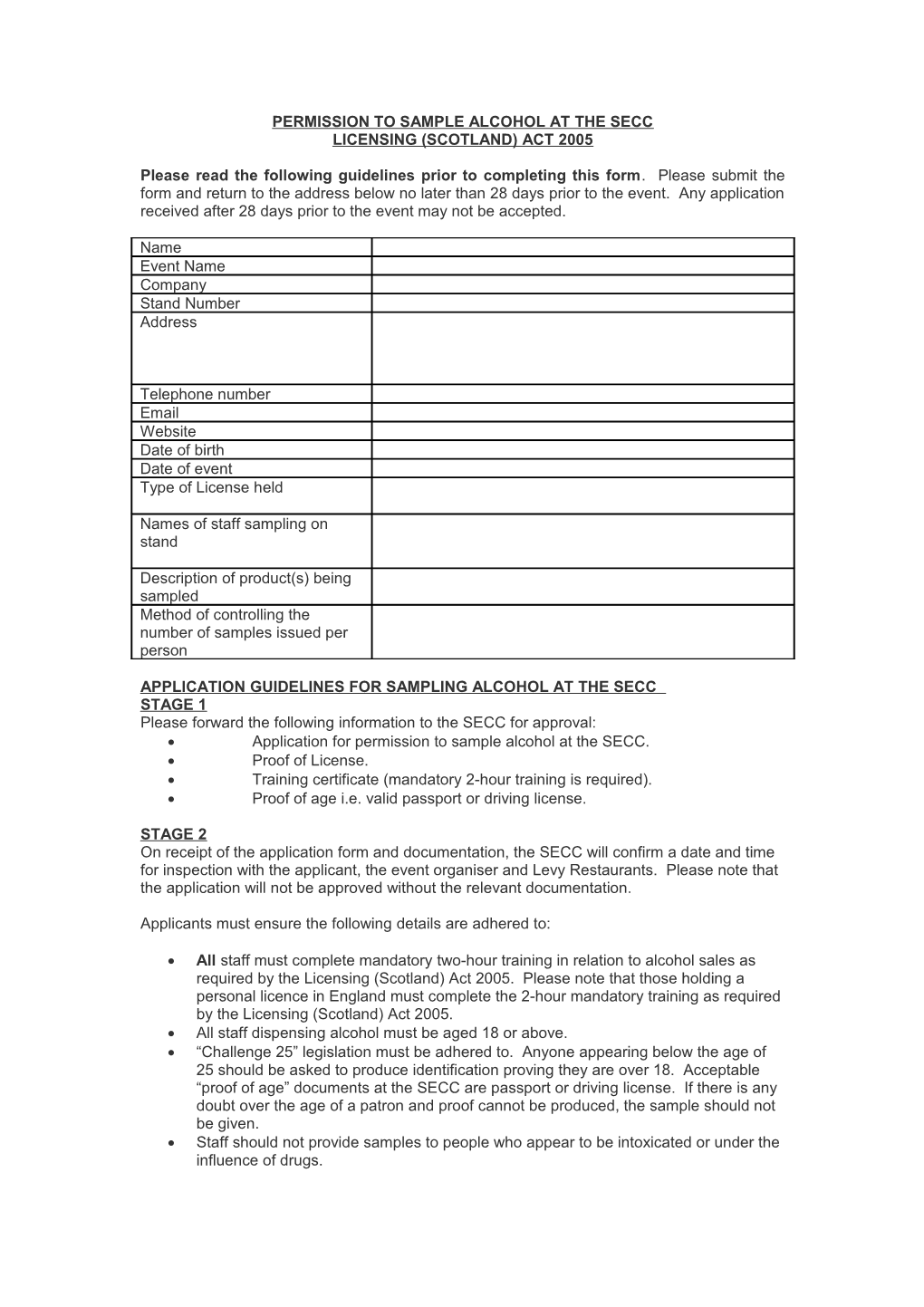 Application to Sell Or Sample Alcohol at the Secc