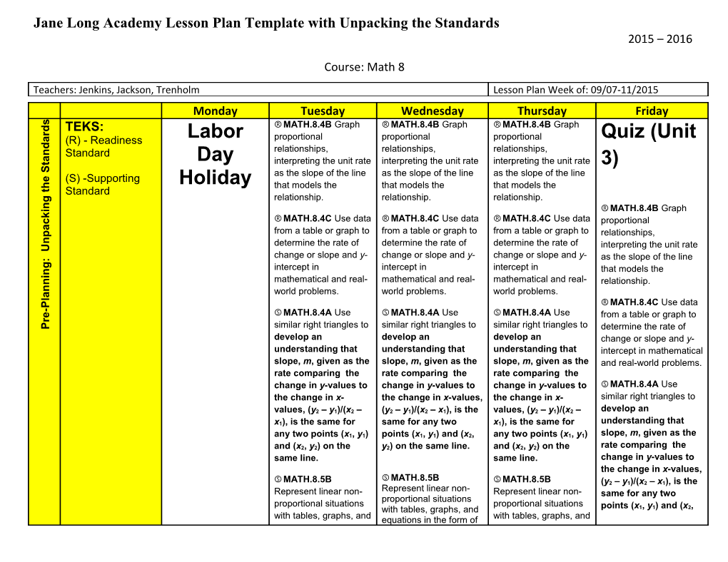 Jane Long Academy Lesson Plan Template with Unpacking the Standards