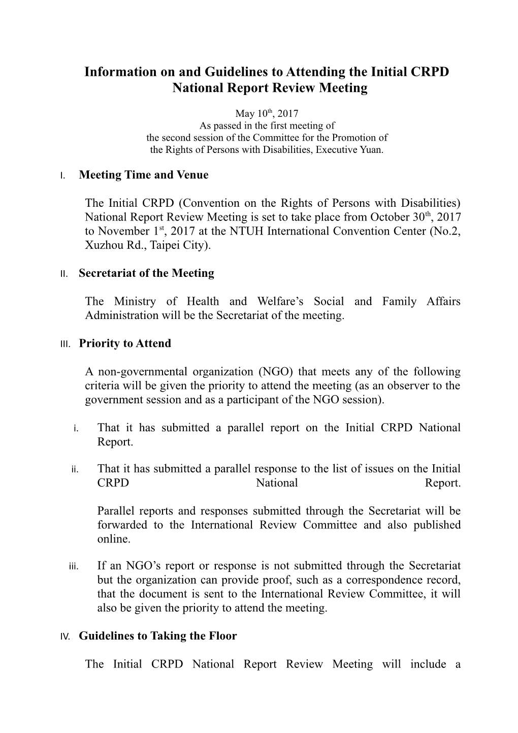 Information on and Guidelines to Attending the Initial CRPD National Report Review Meeting