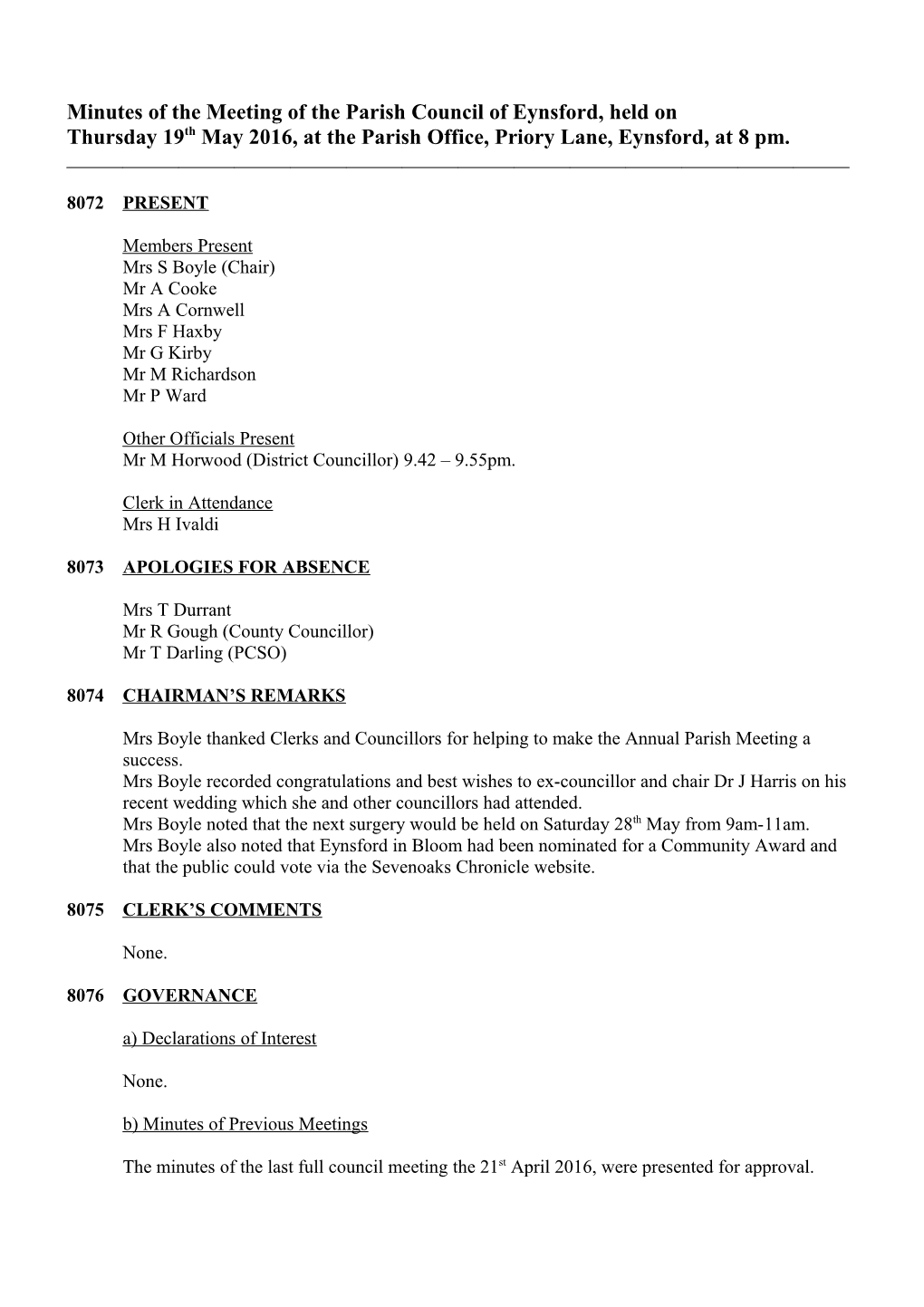 Minutes of the Meeting of the Parish Council of Eynsford, Held on Thursday 17Th December