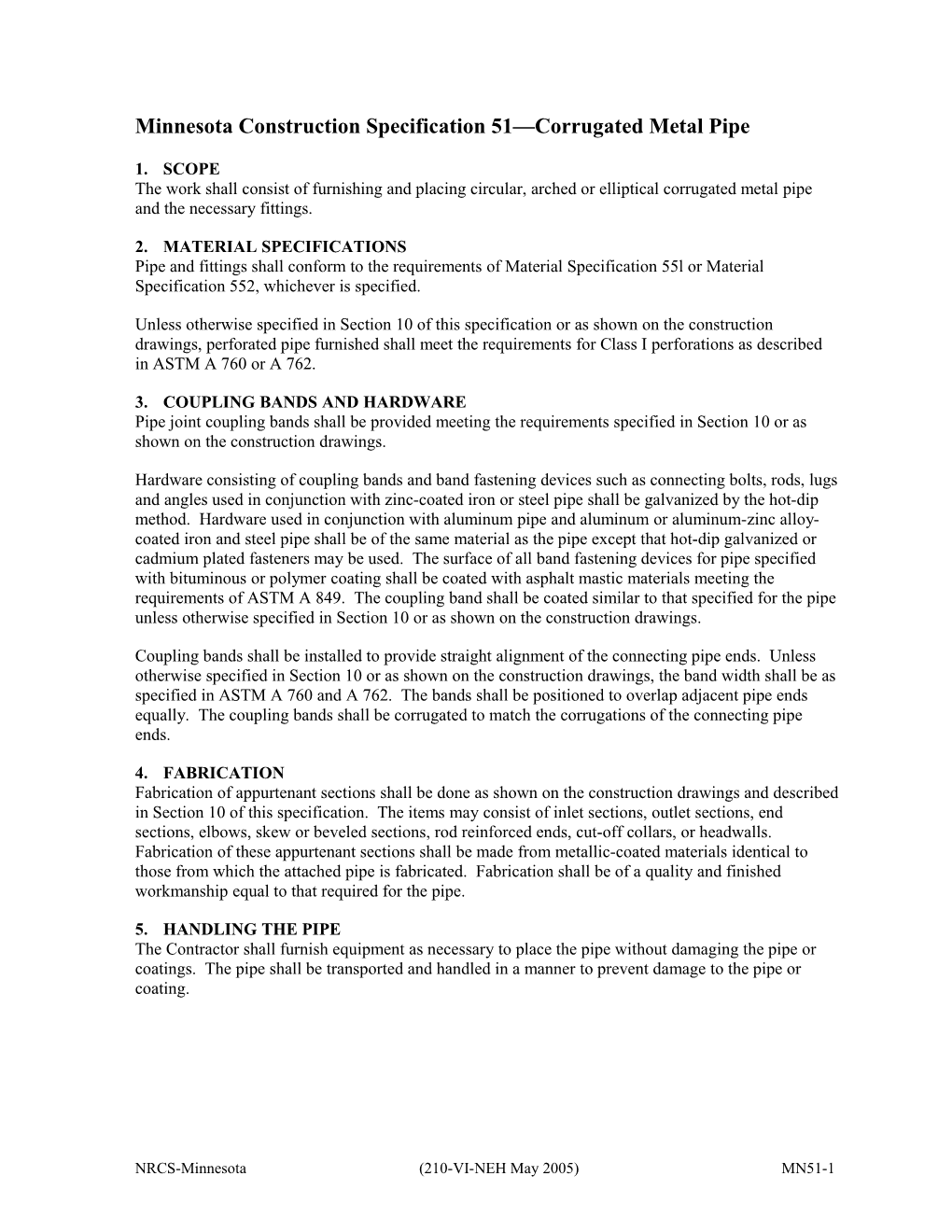 Minnesota Construction Specification 51 Corrugated Metal Pipe