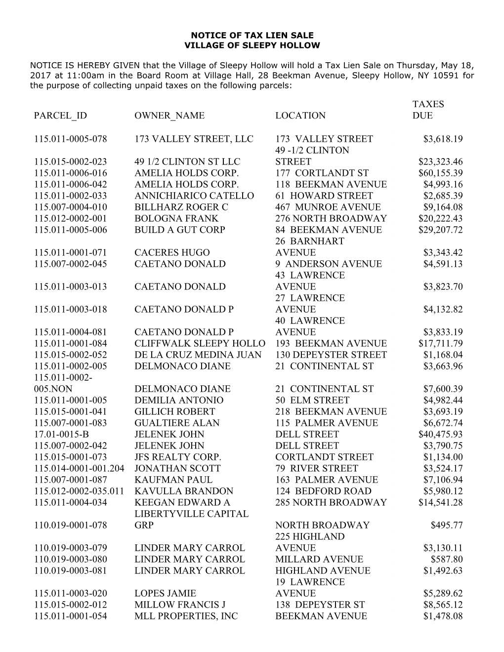 Notice of Tax Lien Sale