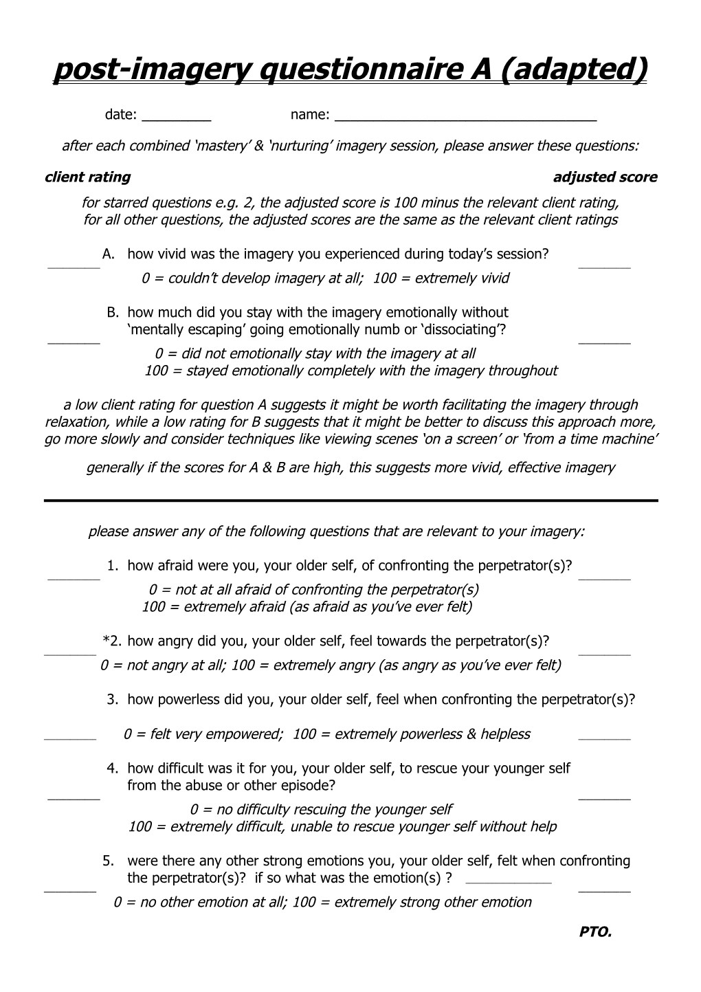Post-Imagery Questionnaire a (Adapted)