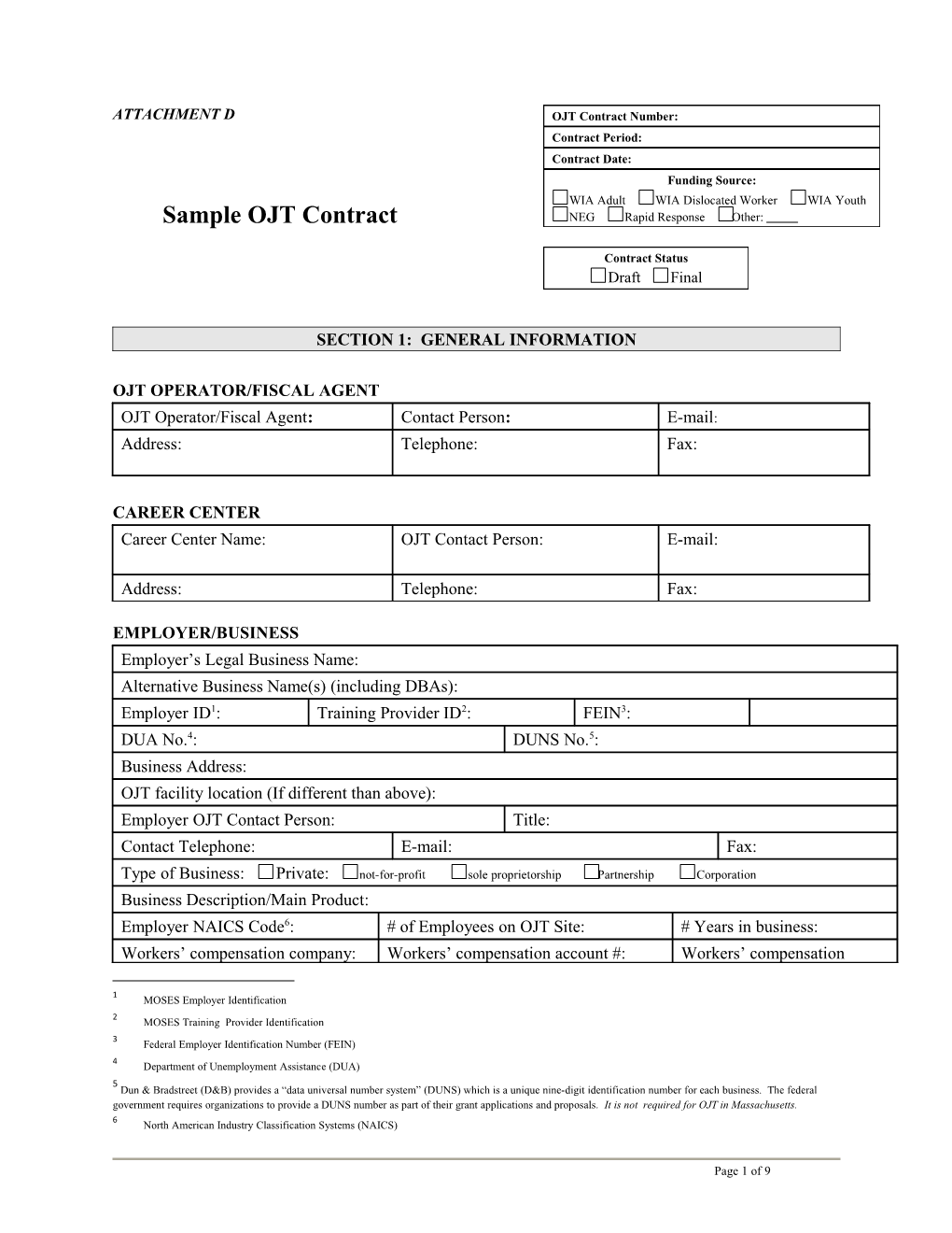 OJT Contract with Training Plan Template