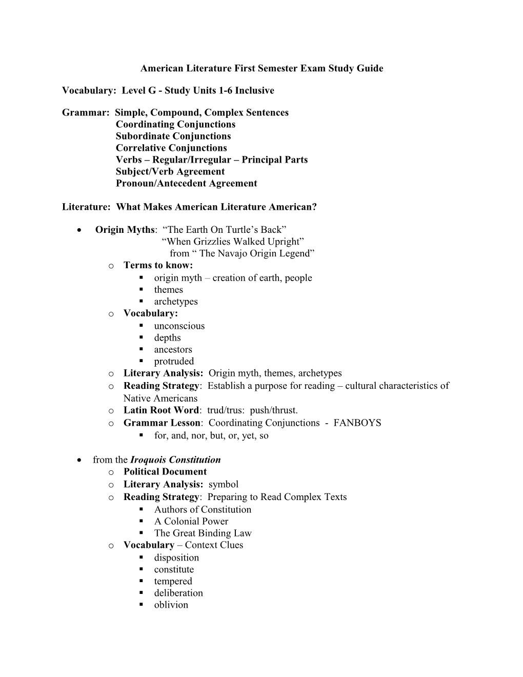 American Literature First Semester Exam Study Guide