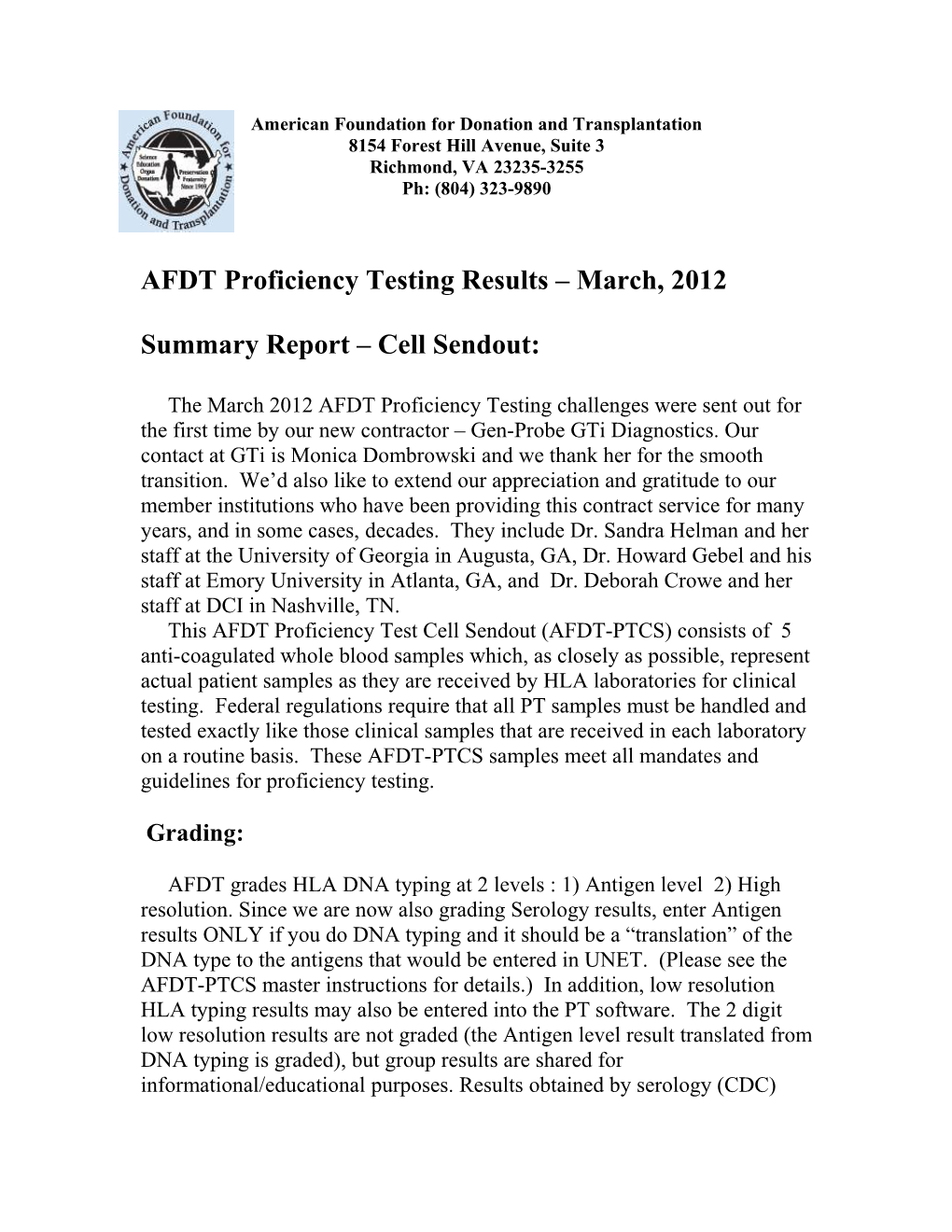 AFDT Proficiency Testing Results March, 2012