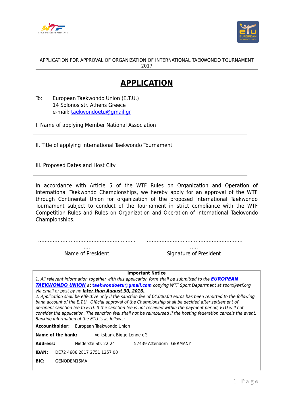 Application for Approval of Organization of International Taekwondo Tournament 2017