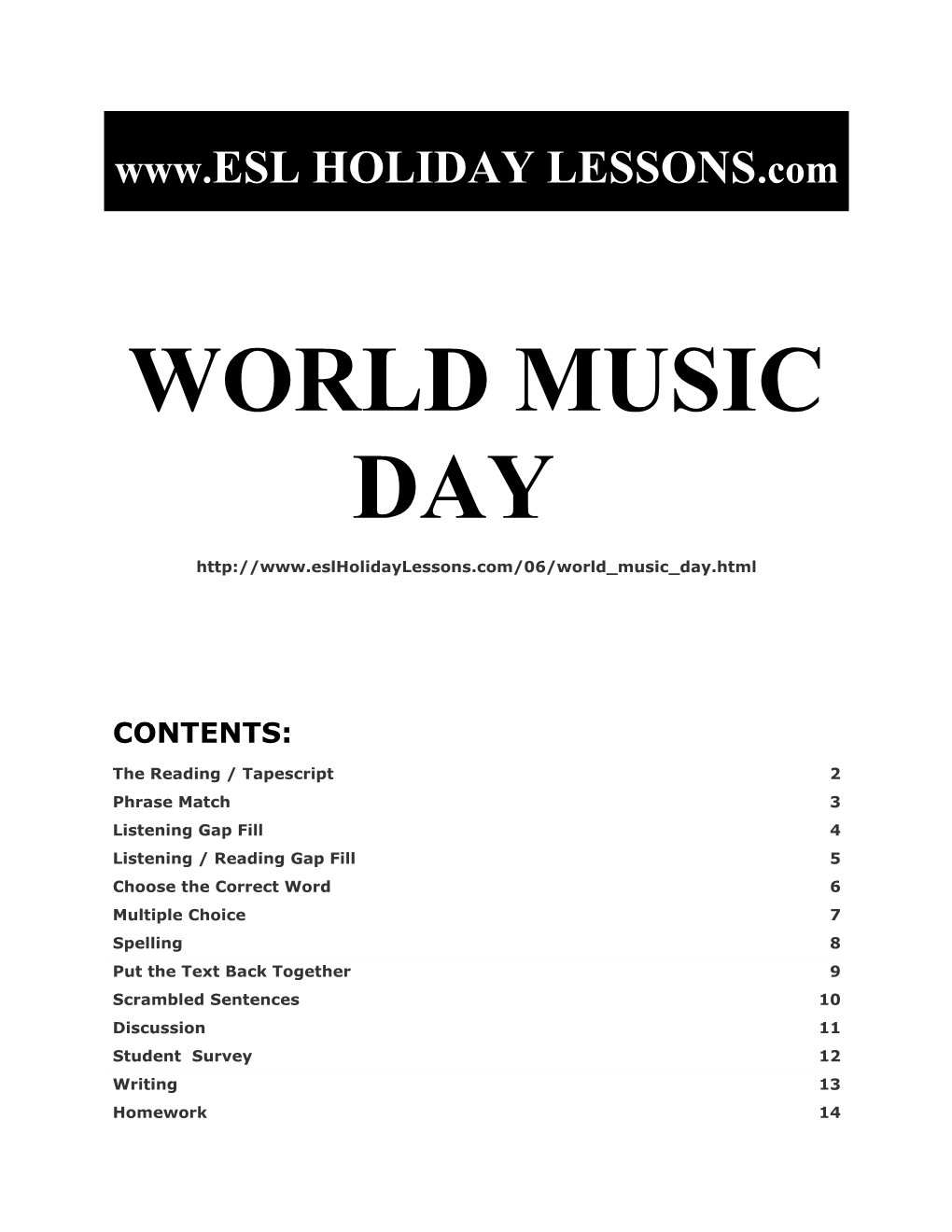 Holiday Lessons - World Music Day