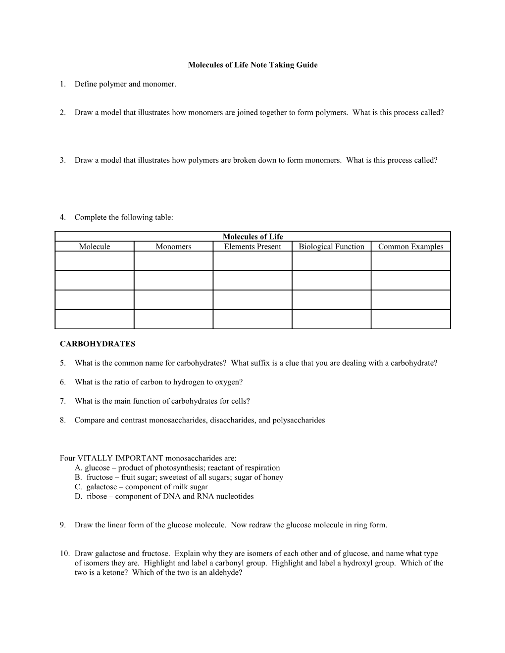 Molecules of Life Note Taking Guide