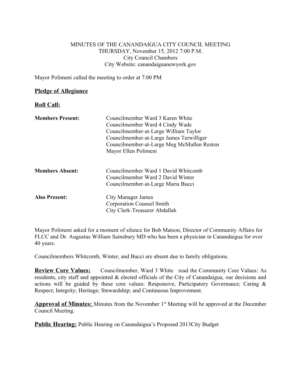 Minutes of the Canandaigua City Council Meeting