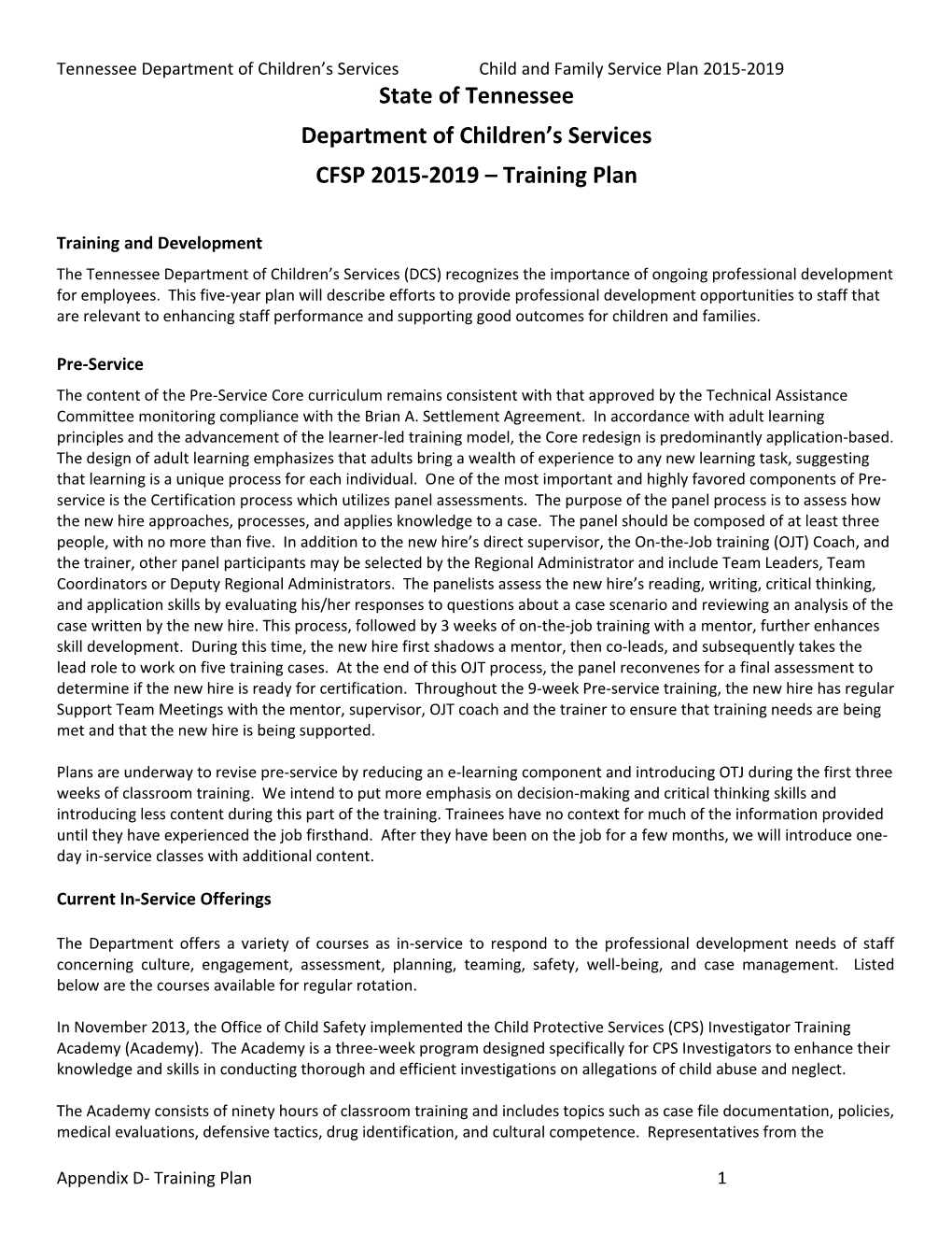 Tennessee Department of Children S Services Child and Family Service Plan 2015-2019