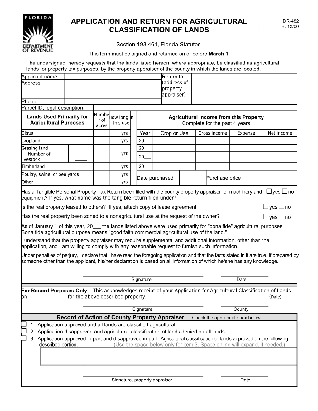 Application and Return for Agricultural Classification of Lands