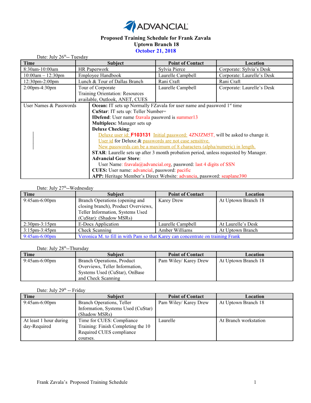 Proposed Training Schedule for Kristina Person