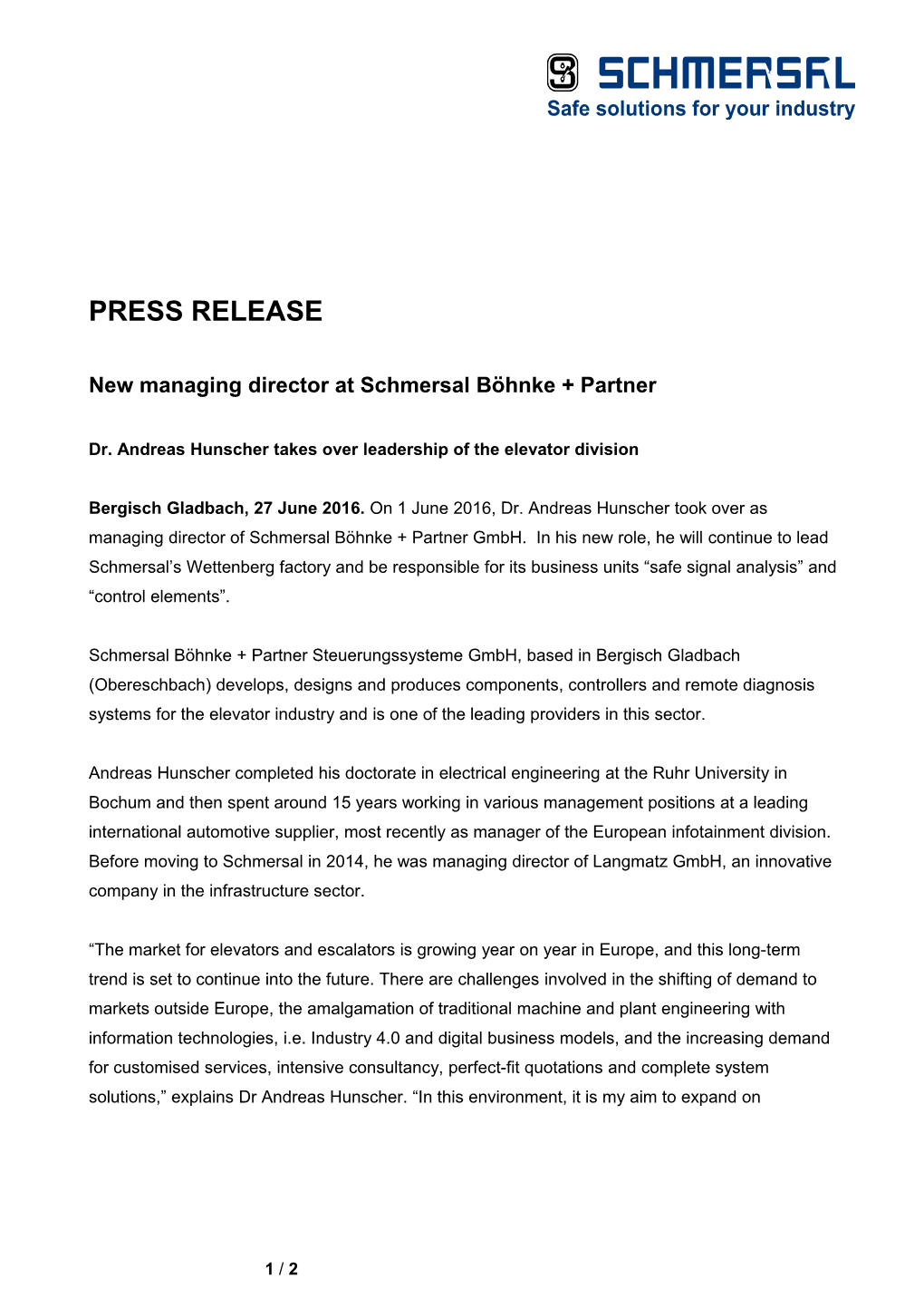 New Managing Director at Schmersal Böhnke+ Partner