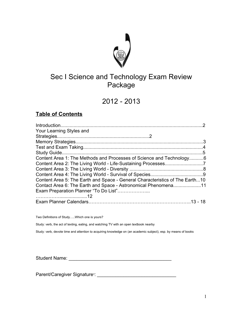 Secondary I Science and Technology Exam Review Package