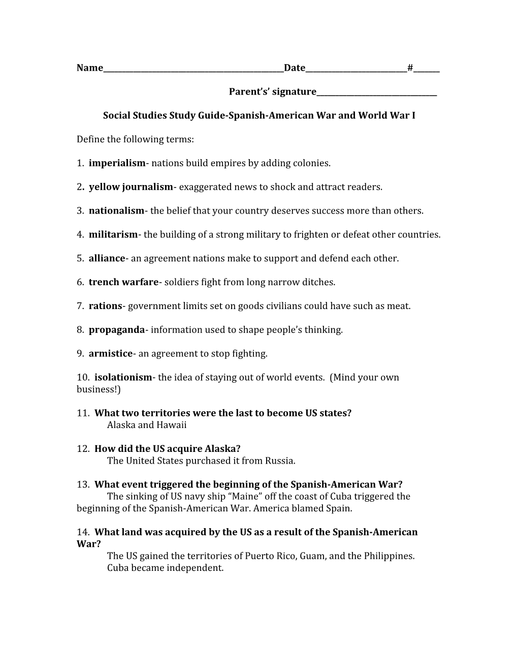 Social Studies Study Guide-Spanish-American War and World War I