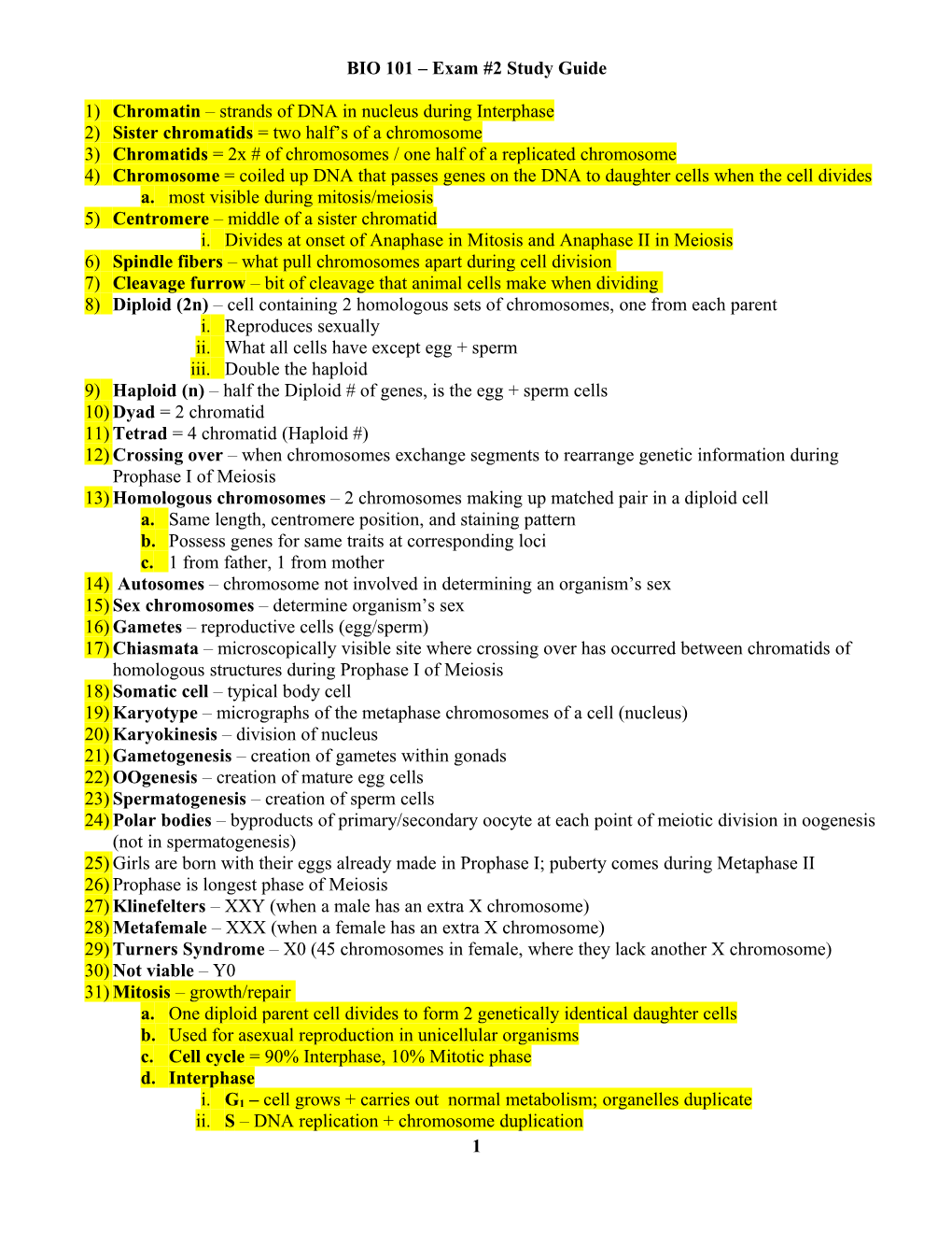 BIO 101 Exam #2 Study Guide