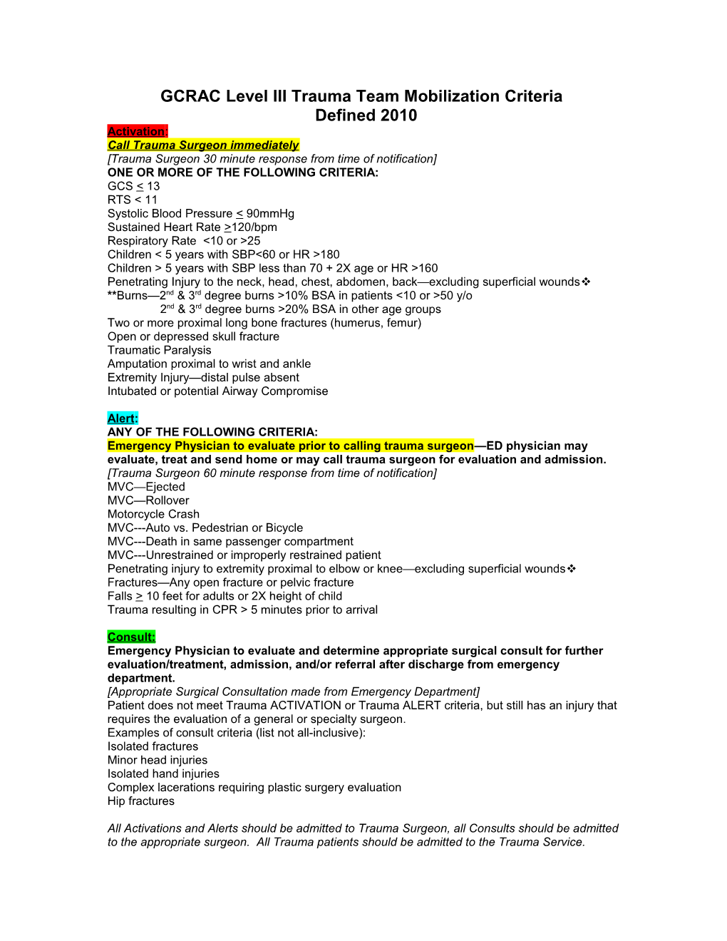 GCRAC Level III Trauma Team Mobilization Criteria