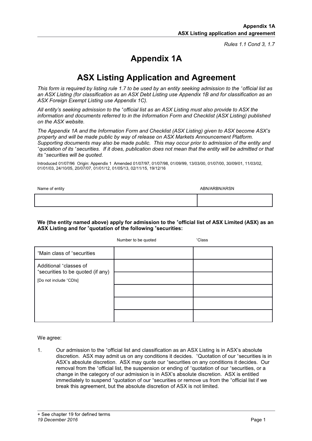 ASX Listing Rules Appendix 1A - ASX Listing Application and Agreement