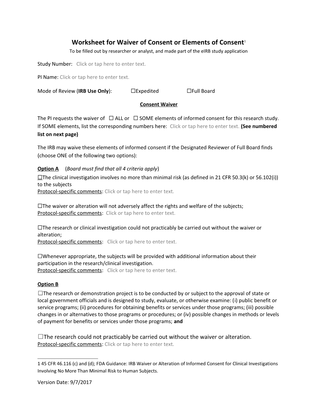 Worksheet for Waiver of Consent Or Elements of Consent 1