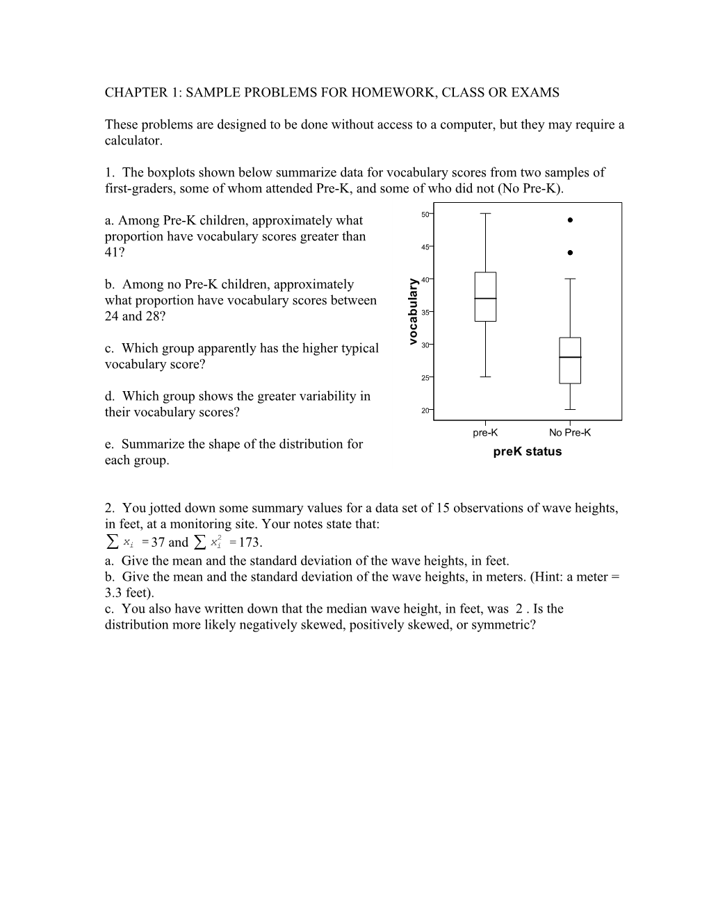 Sample Problems for Homework, Class Or Exams from Chapter 1