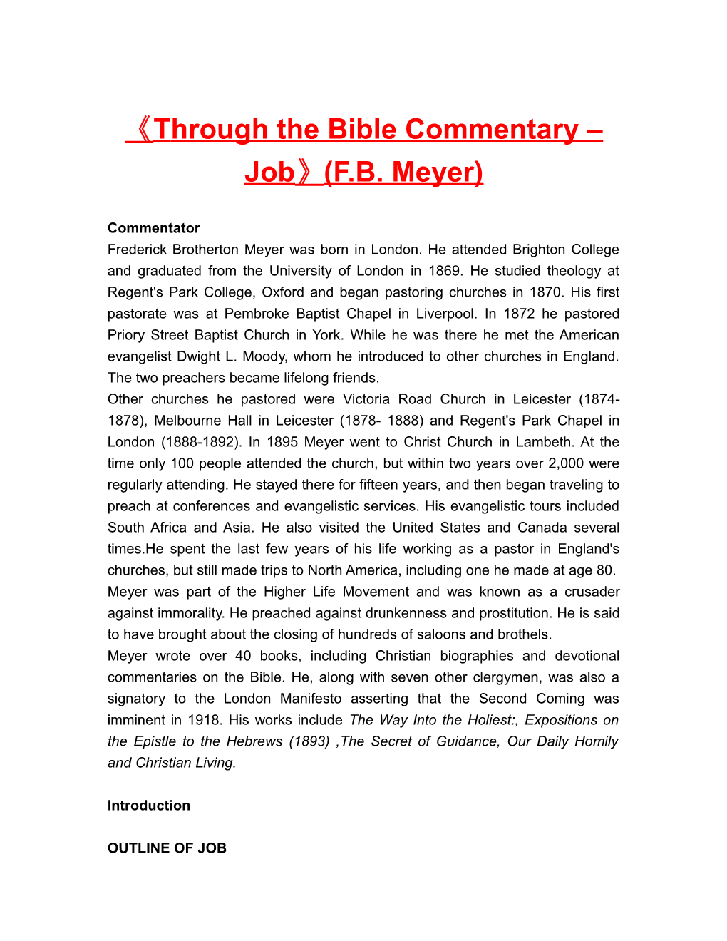 Through the Bible Commentary Job (F.B. Meyer)