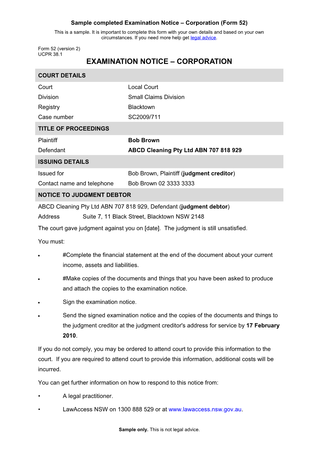 NSW UCPR Form 52 - Examination Notice - Corporation