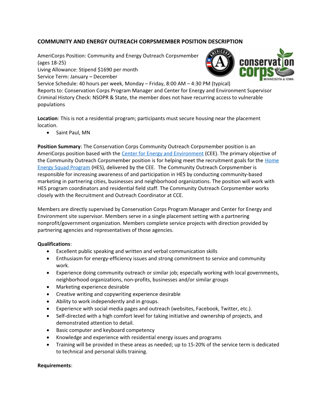 Community and Energy Outreach Corpsmember Position Description