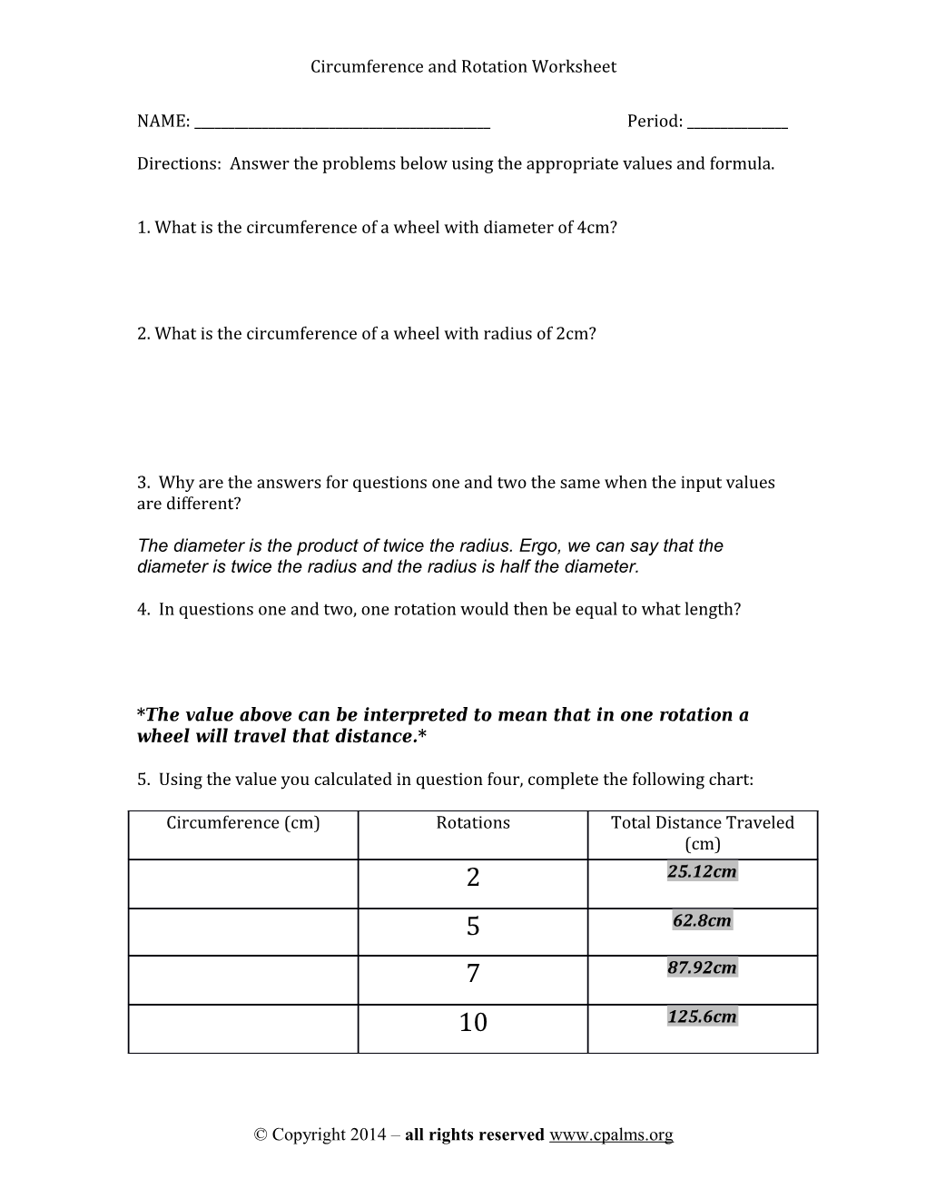 Circumference and Rotation Worksheet
