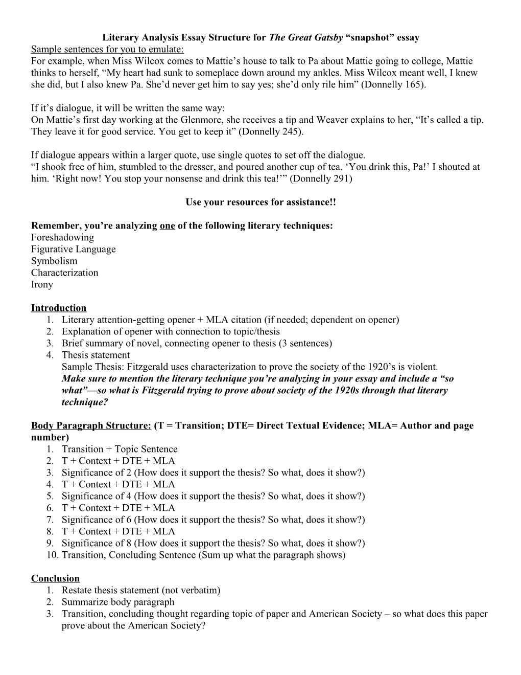 Literary Analysis Essay Structure for the Great Gatsby Snapshot Essay