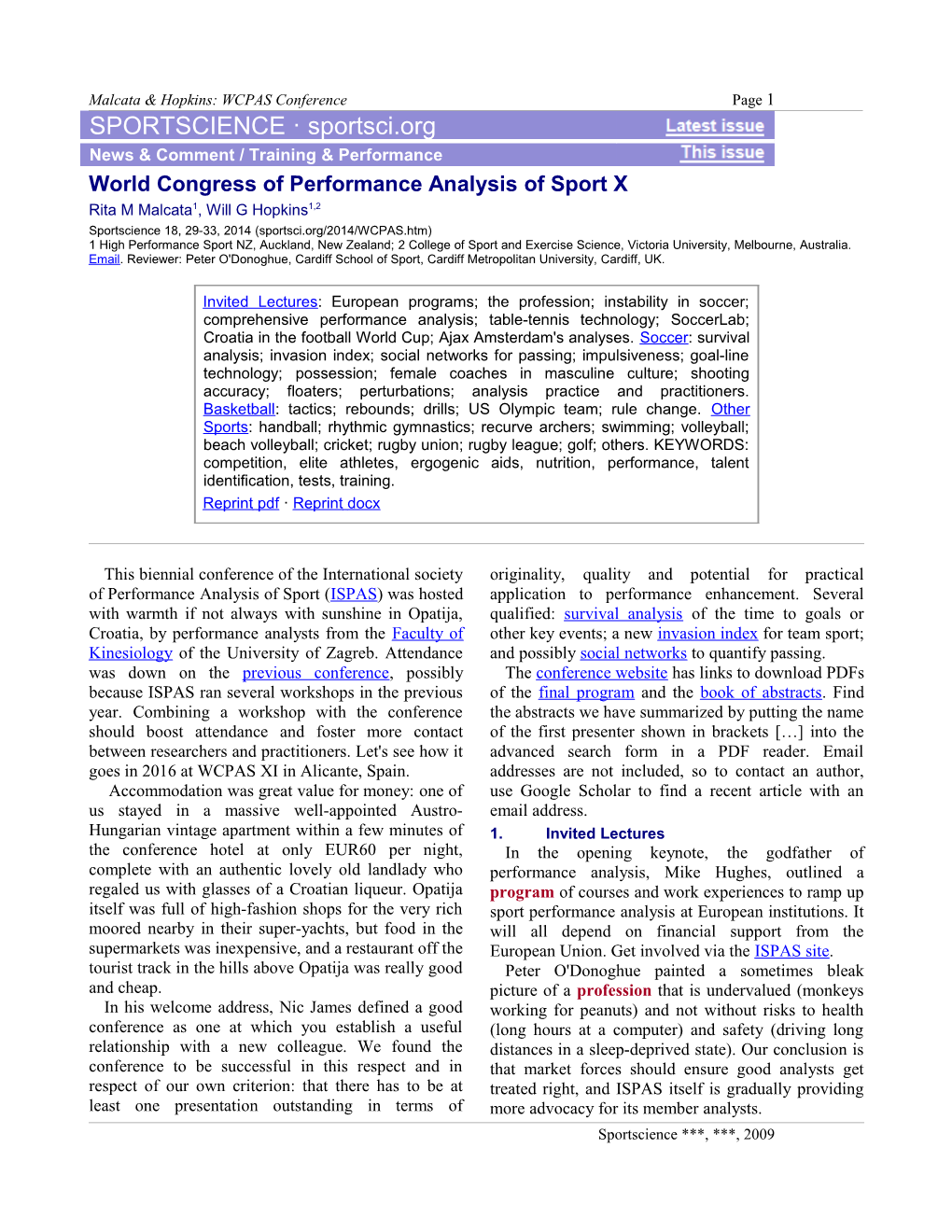 World Congress Performance Analysis Sport