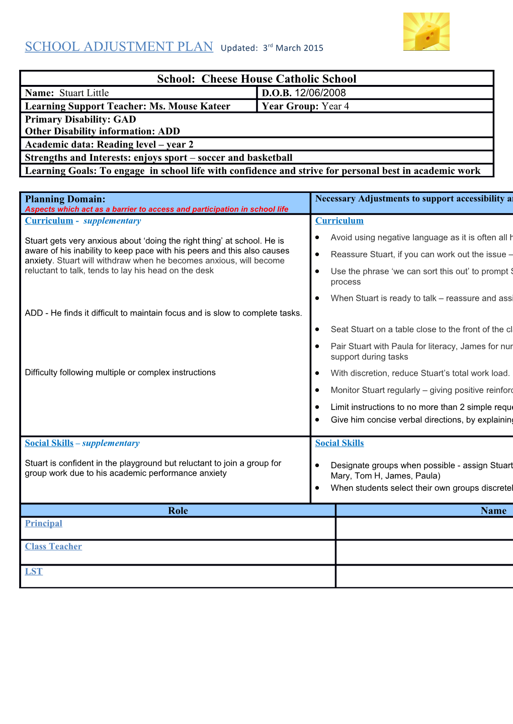 SCHOOL Adjustmentplanupdated: 3Rd March 2015