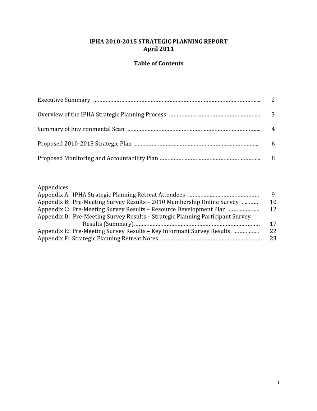 Ipha 2010-2015 Strategic Planning Report