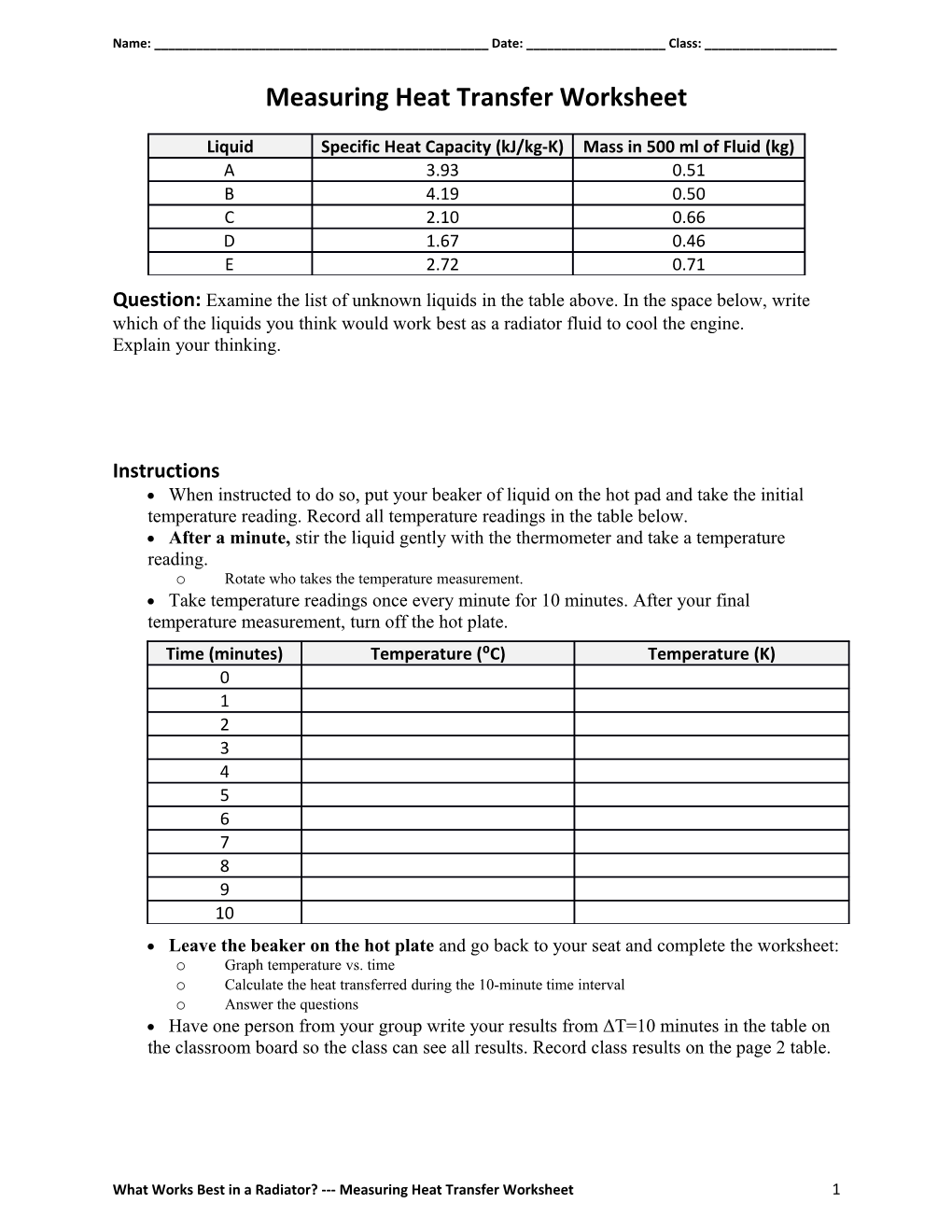 Measuring Heat Transfer Worksheet