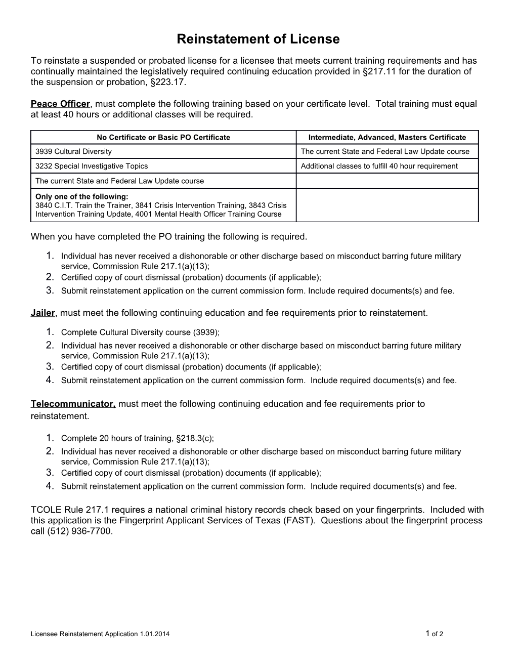 Reinstatement of Peace Officer License