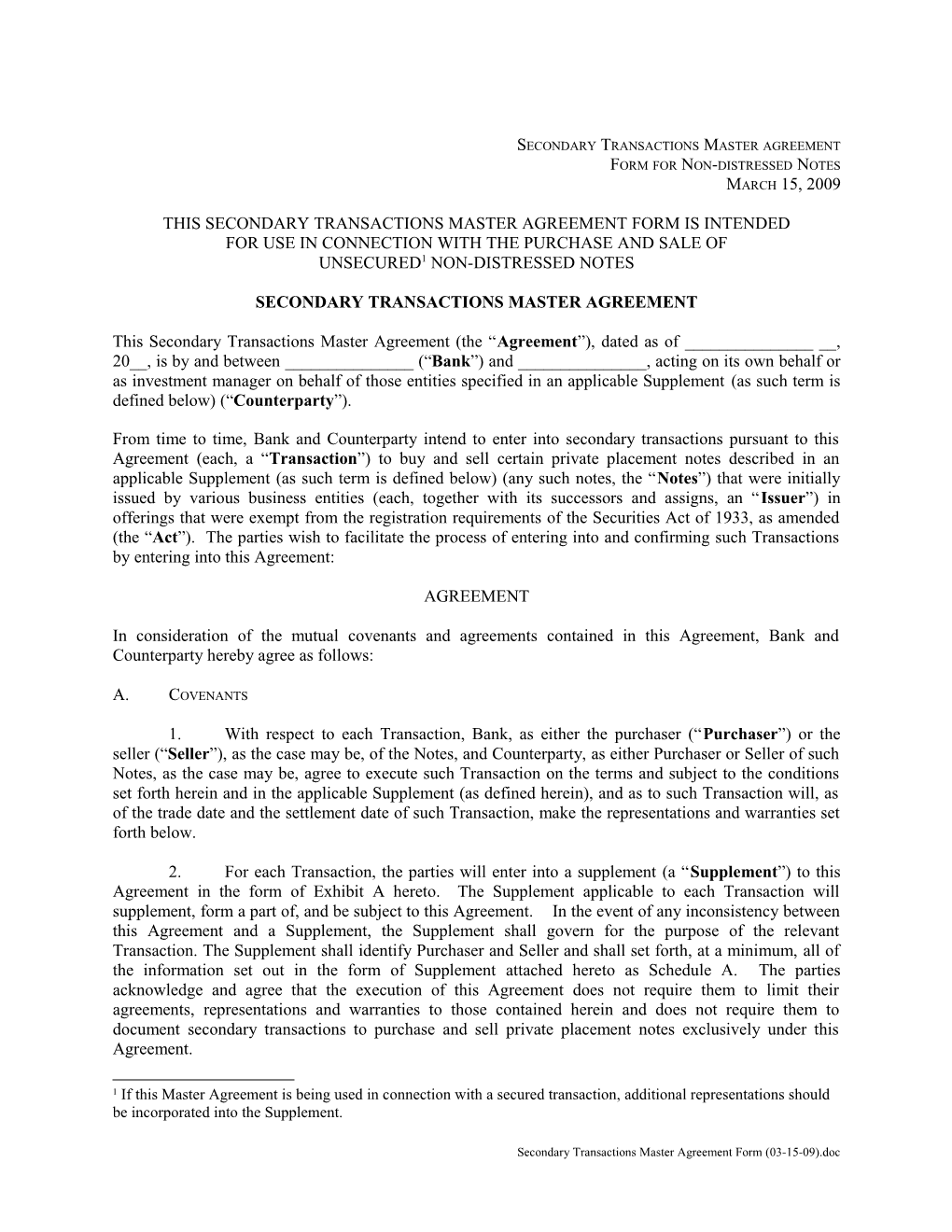 Secondary Transactions Master Agreement