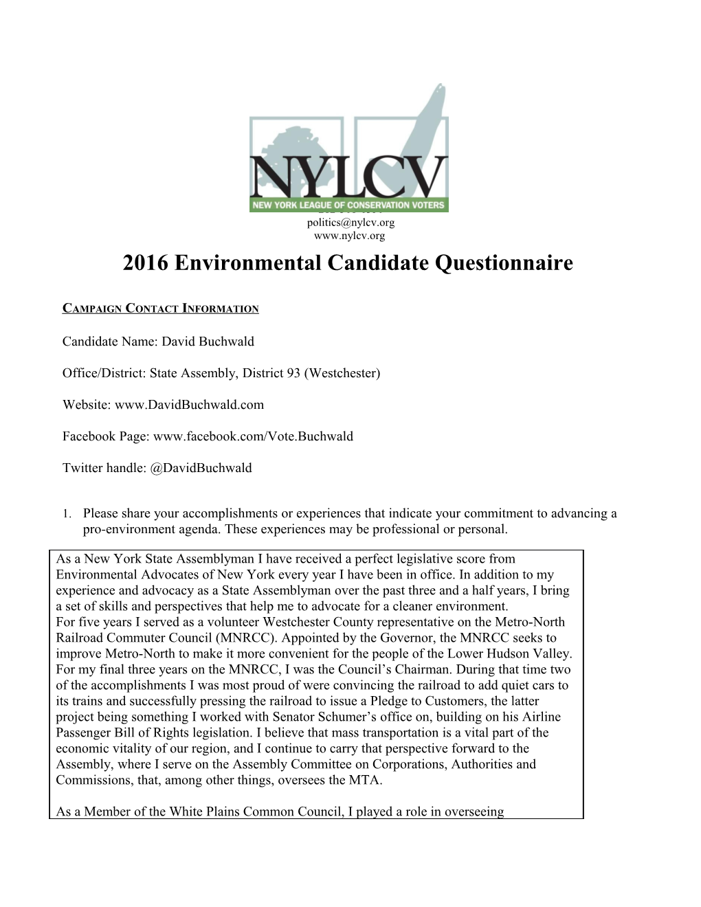 2016 Environmental Candidate Questionnaire