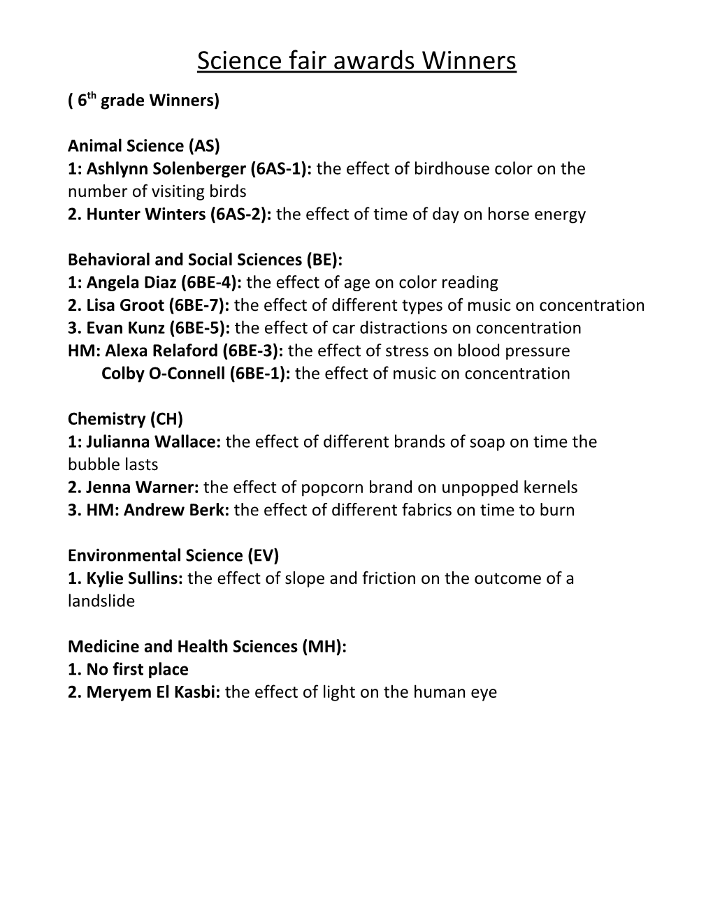 Science Fair Awards Winners