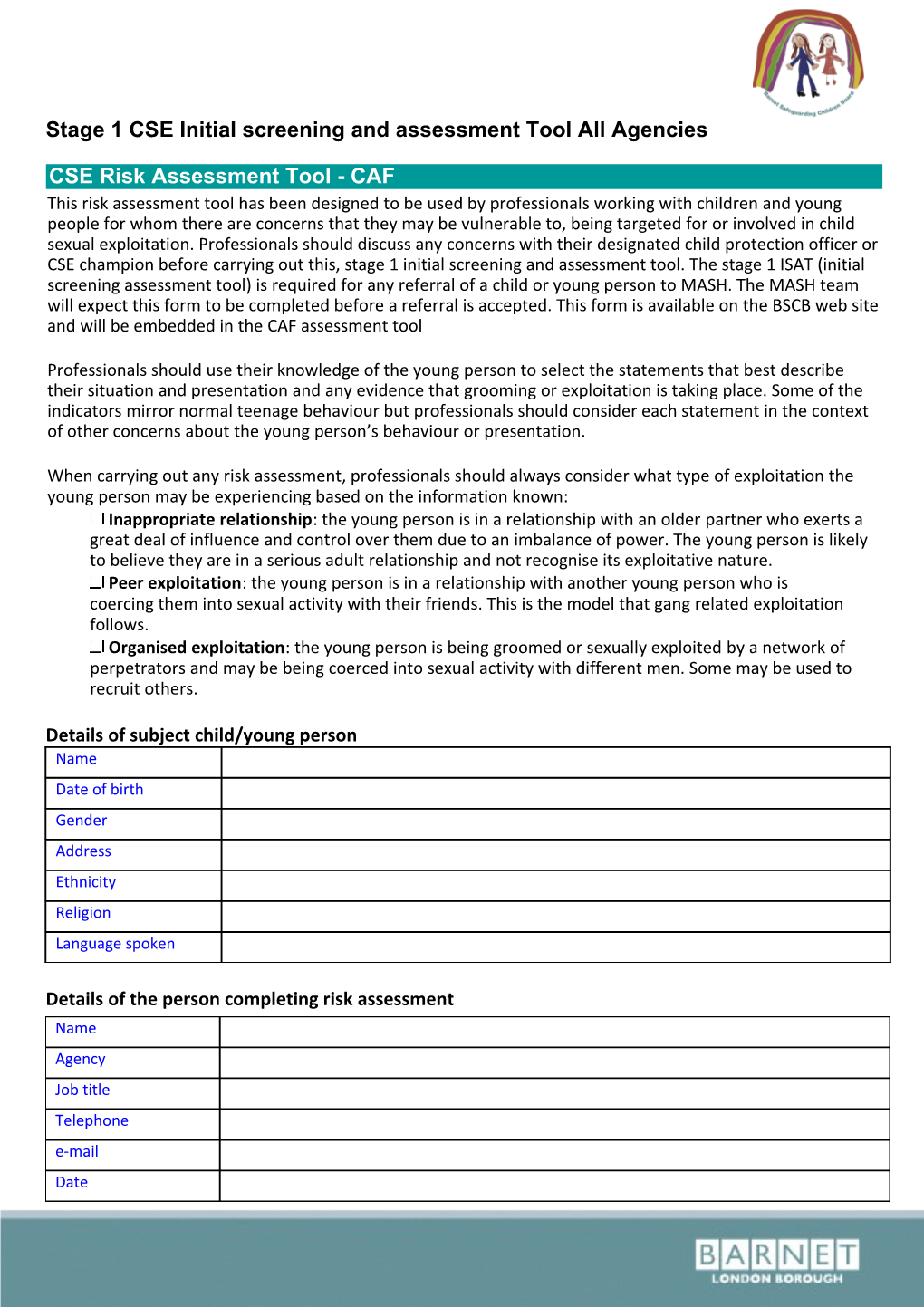 Stage 1 CSE Initial Screening and Assessment Tool All Agencies