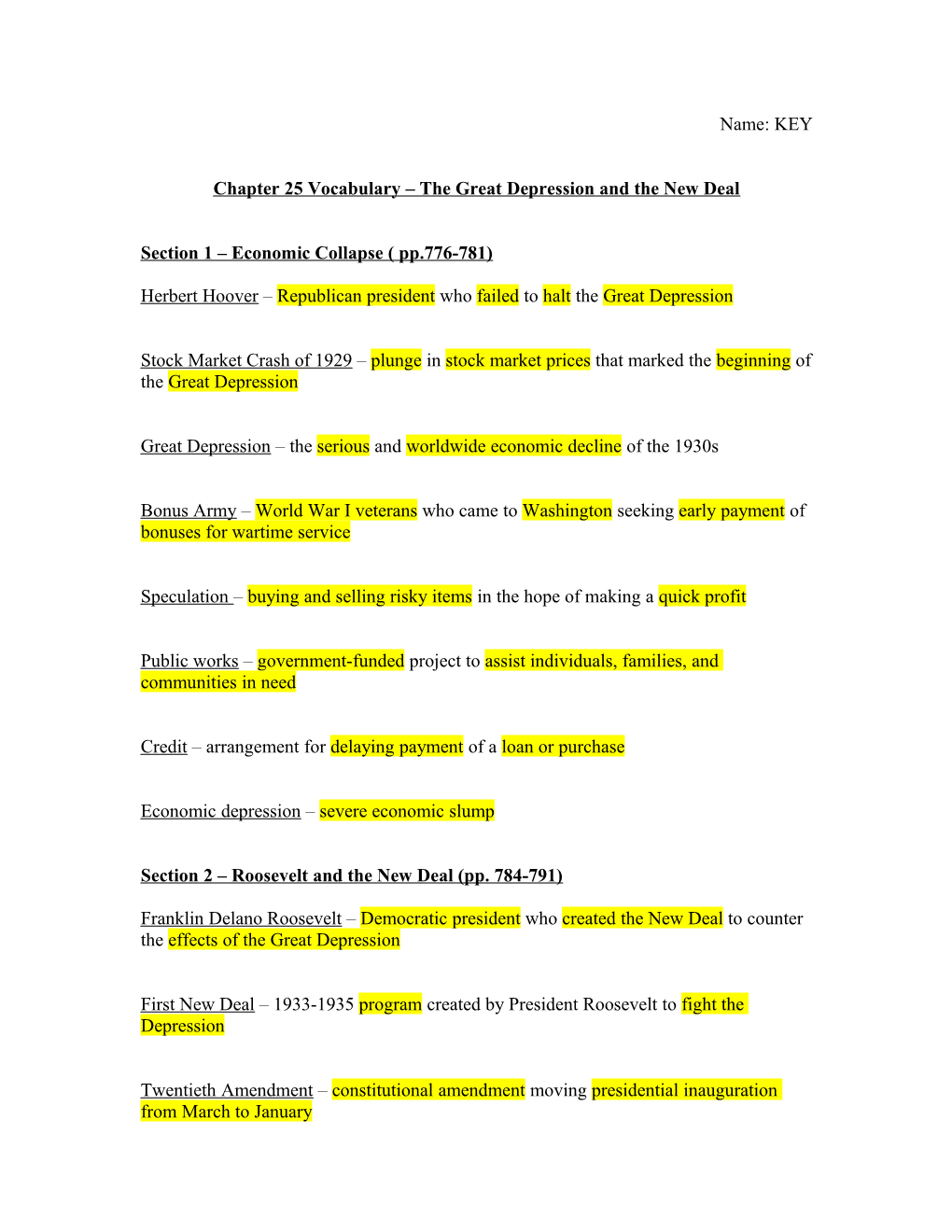 Chapter 25Vocabulary the Great Depression and the New Deal