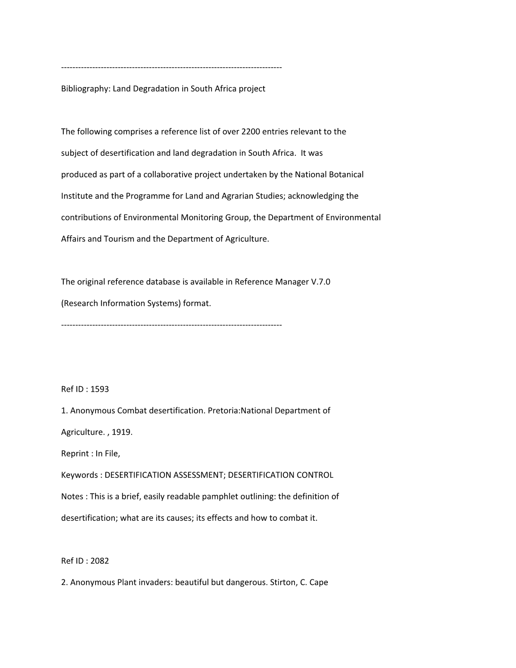 Bibliography: Land Degradation in South Africa Project