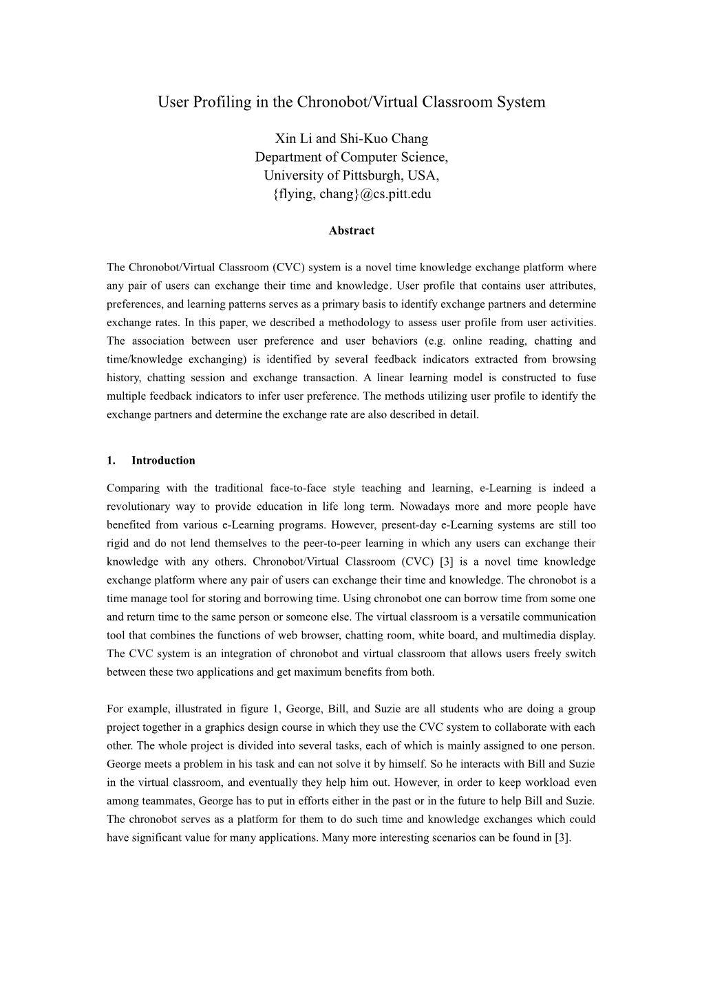 User Profiling in Chronobot/Virtual Classroom System