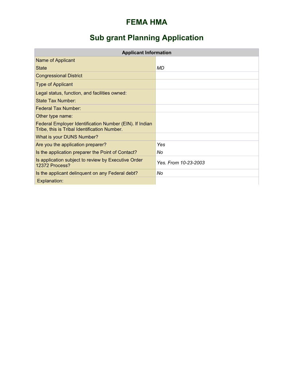 Sub Grant Planning Application