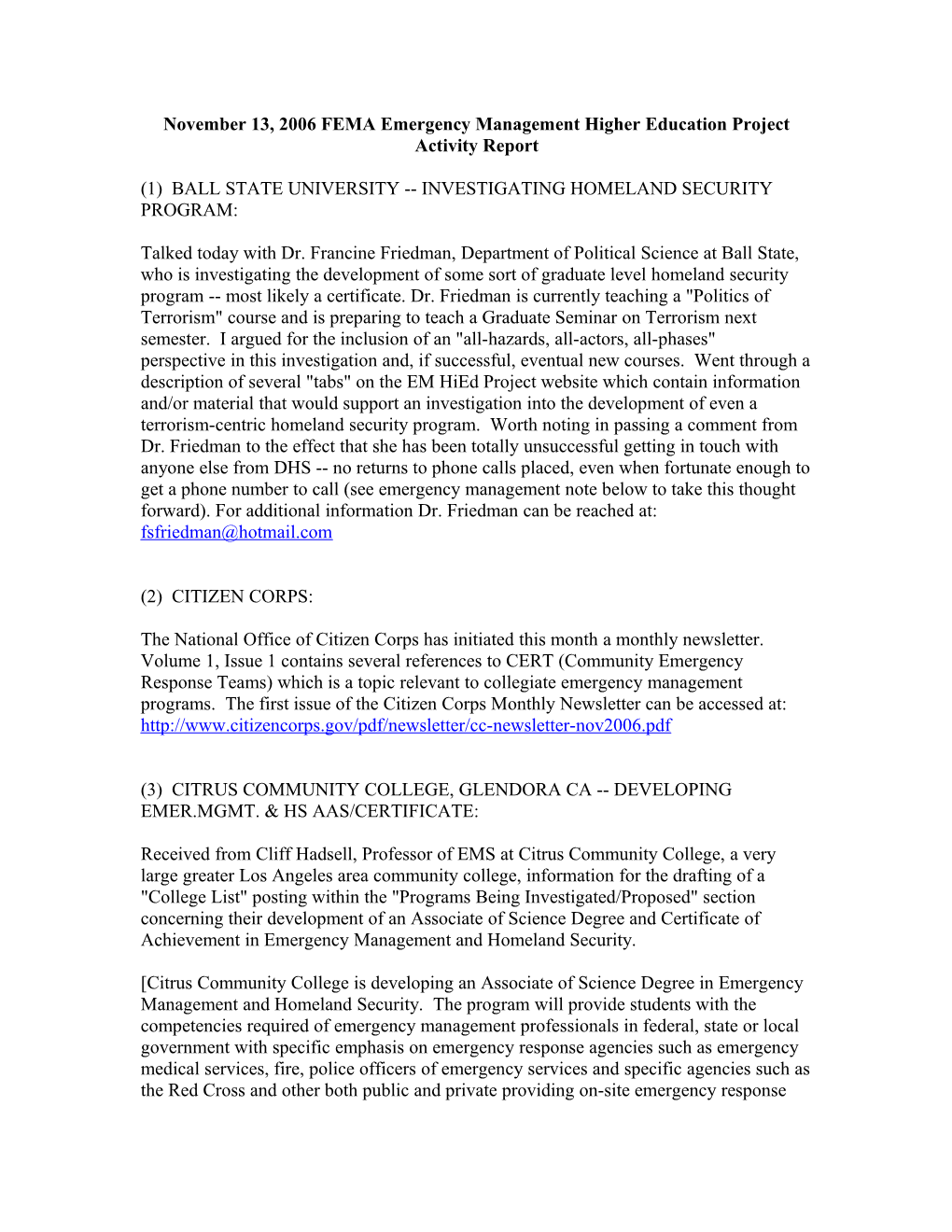 November 13, 2006 FEMA Emergency Management Higher Education Project Activity Report