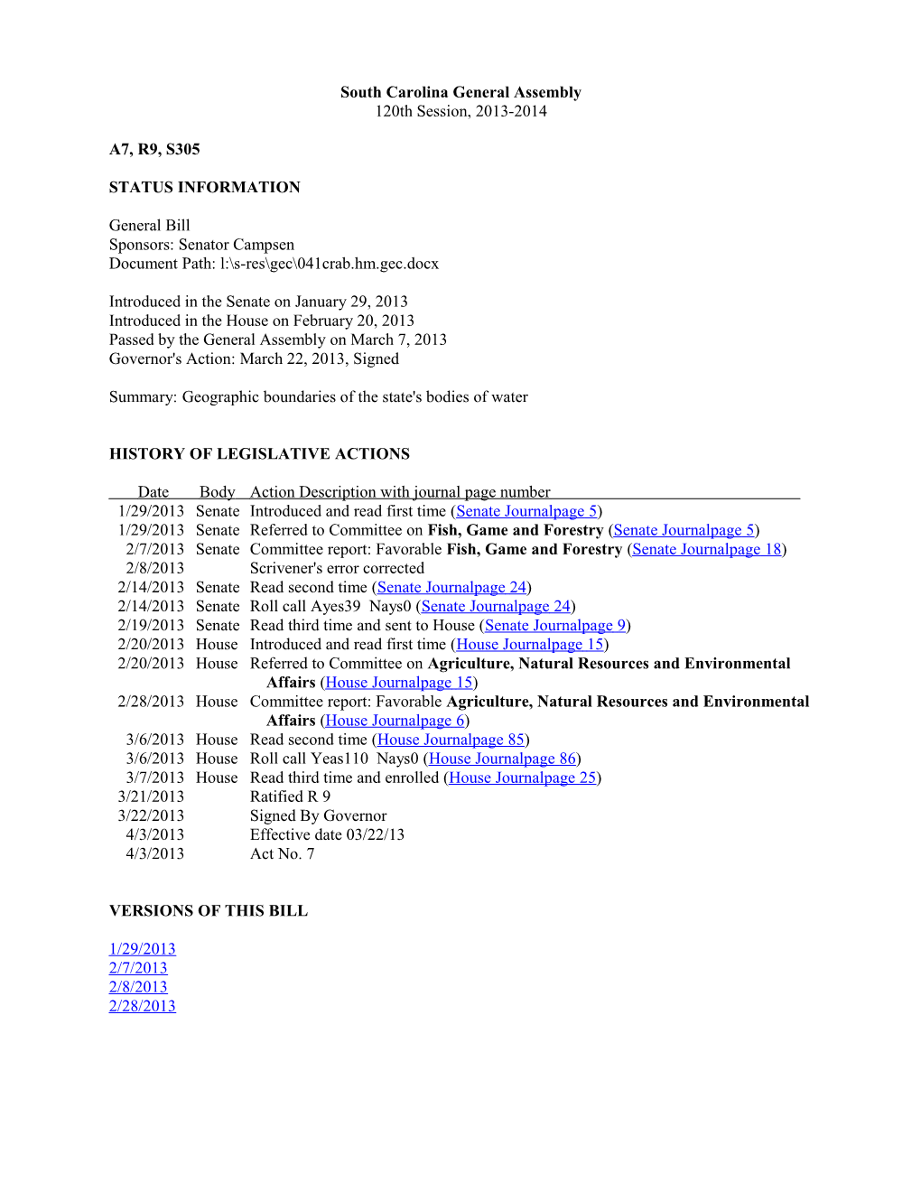 2013-2014 Bill 305: Geographic Boundaries of the State's Bodies of Water - South Carolina