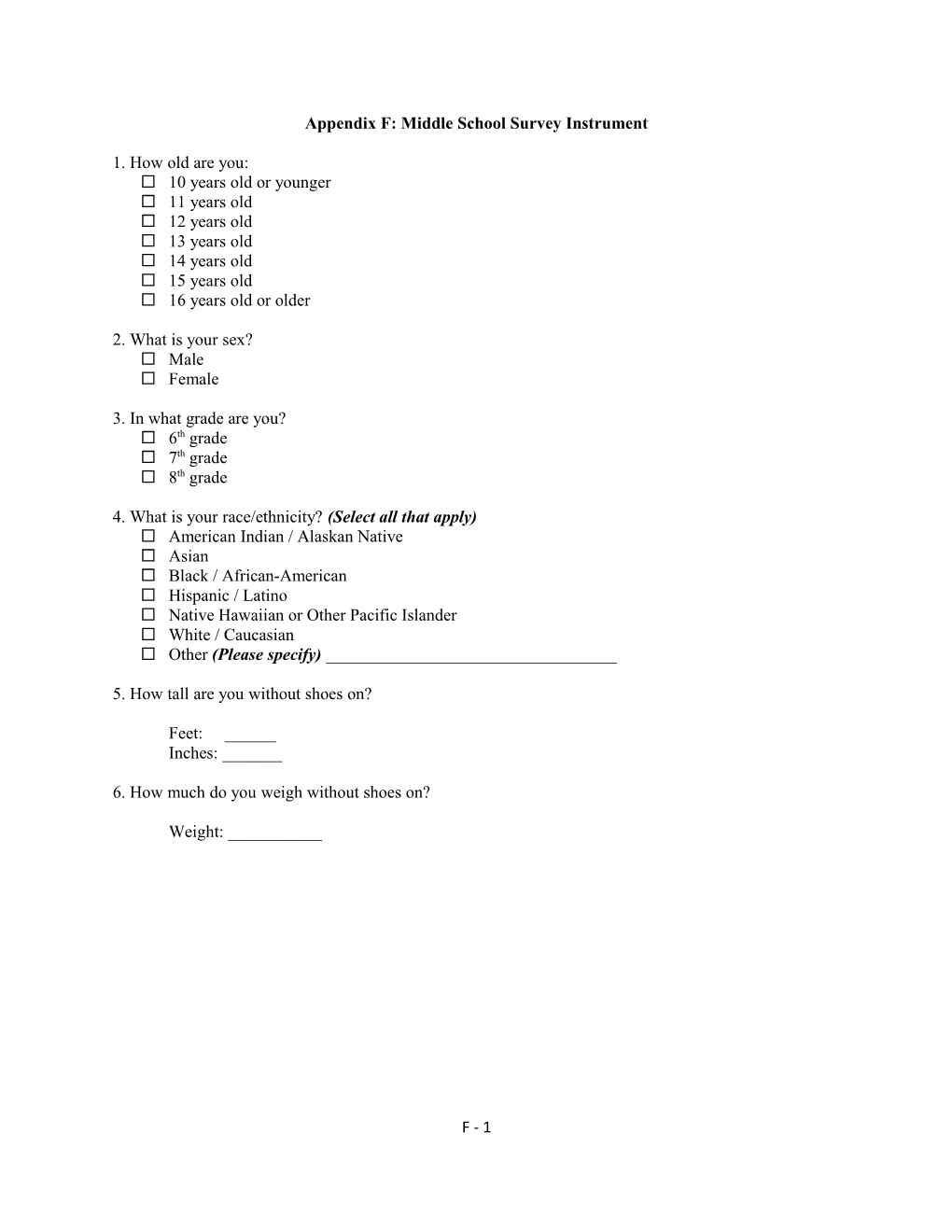 Appendix F: Middle School Survey Instrument