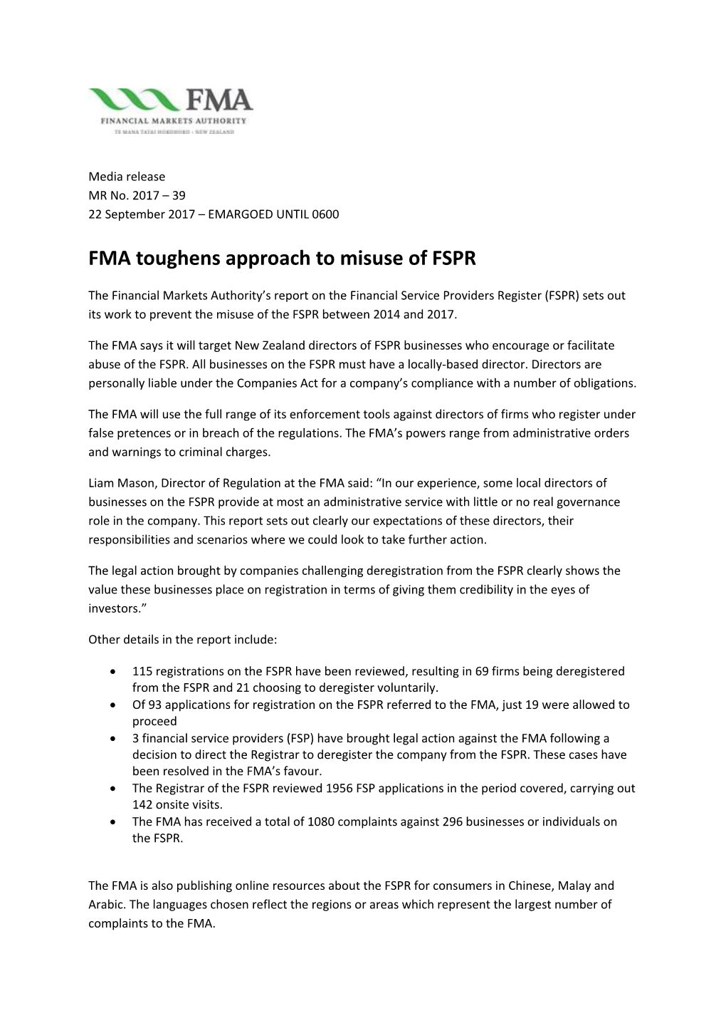 FMA Toughens Approach to Misuse of FSPR