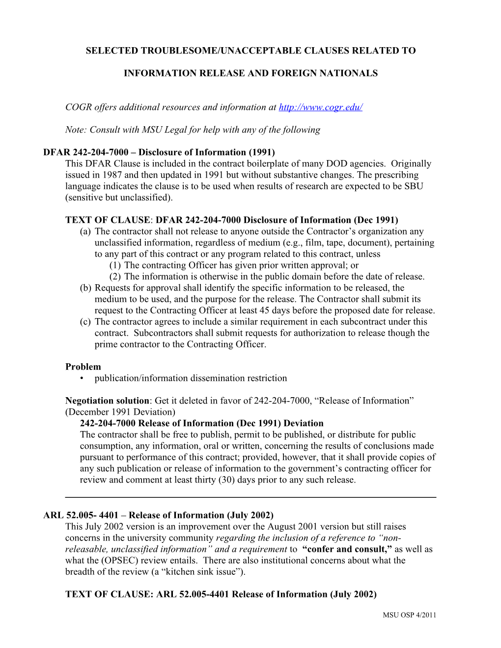 Selected Troublesome/Unacceptable Clauses Related to Information Release and Foreign Nationals