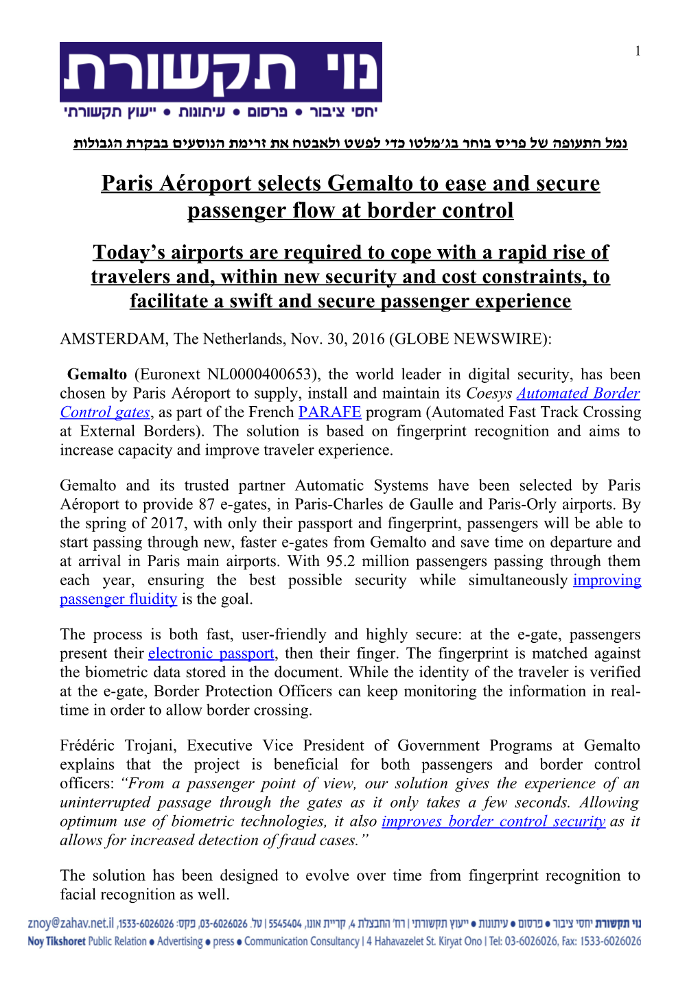 Paris Aéroport Selects Gemalto to Ease and Secure Passenger Flow at Border Control